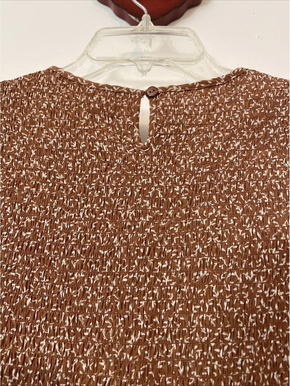 Magnolia Womens Medium Brown Floral Pleated Elastic-Waist Ruffled Blouse! A6846 - Picture 7 of 9